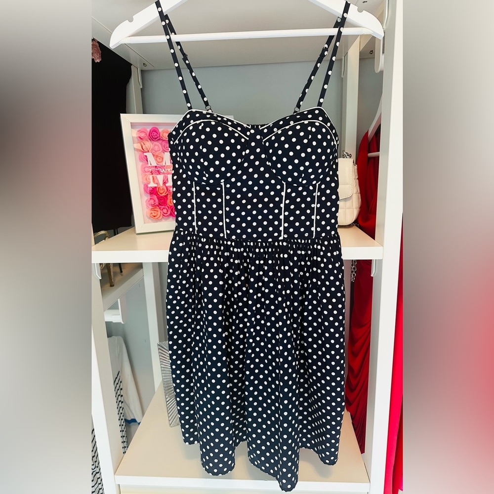 Navy Blue and White Polka Dot Fit and Flare Dress with Pockets - Picture 1 of 5